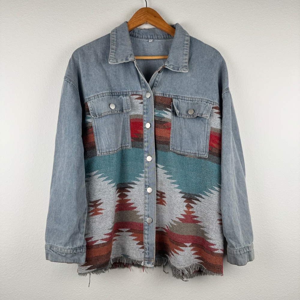 Unbranded Denim Jacket Women L Blue Excellent Southwestern Boho Frayed Hem